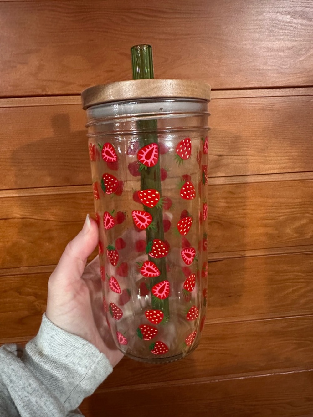 Strawberry Print Glass Tumbler with Green Straw